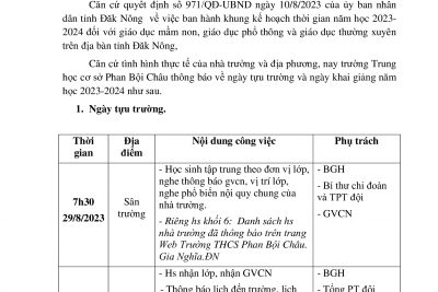 Trường THCS Phan Bội Châu thông báo, ngày tựu trường và ngày khai giảng năm học 2023-2024