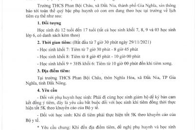 THÔNG BÁO TIÊM VACCINE COVID 19 TẠI TRƯỜNG THCS PHAN BỘI CHÂU (29/11/2021)