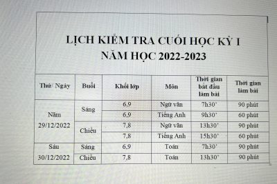 LỊCH KIỂM TRA CUỐI HỌC KỲ I: NĂM HỌC 2022-2023